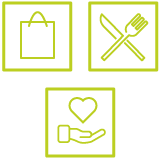 Die Grafik zeigt drei Icons: Einkaufstasche, Messer und Gabel und eine Hand mit einem Herz. Die Abbildung soll die Einlösemöglickeiten des Gutscheins darstellen.