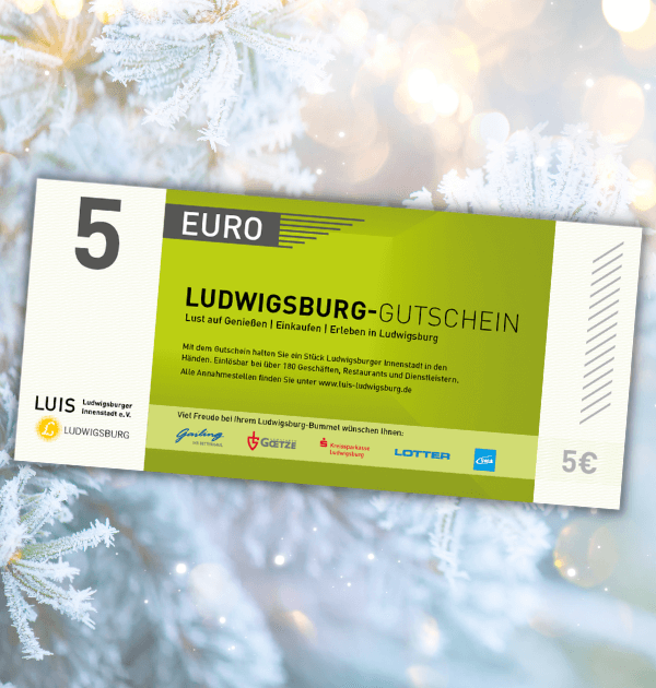 Ein 10 Euro Ludwigsburg-Gutschein mit weihnachtlichem Hintergrund.