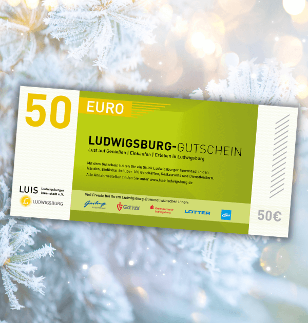 Ein 50 Euro Ludwigsburg-Gutschein mit weihnachtlichem Hintergrund.