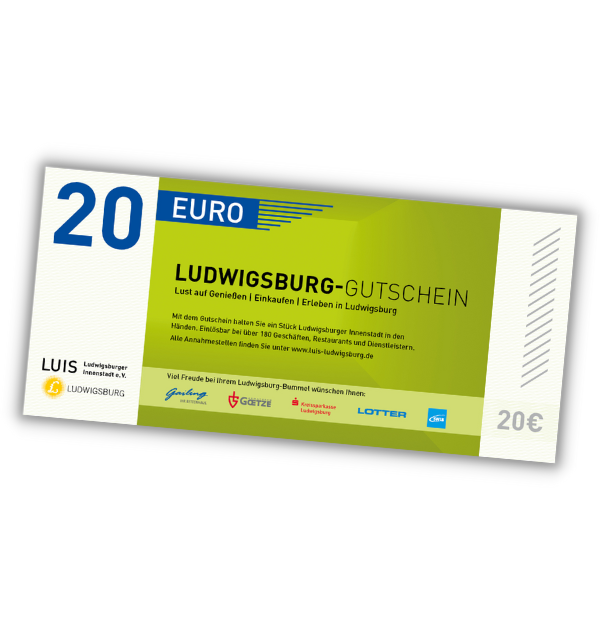 Abbildung eines 20 Euro Ludwigsburg-Gutscheins mit einer Verlinkung zum Gutschein Shop.